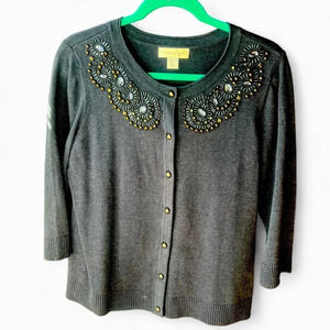 Christopher & Banks Button Down Beaded Cardigan 100% Cotton Size Medium